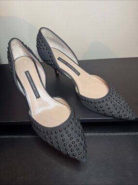 French Connection Efina Black Studded Pointed Kitten Heels